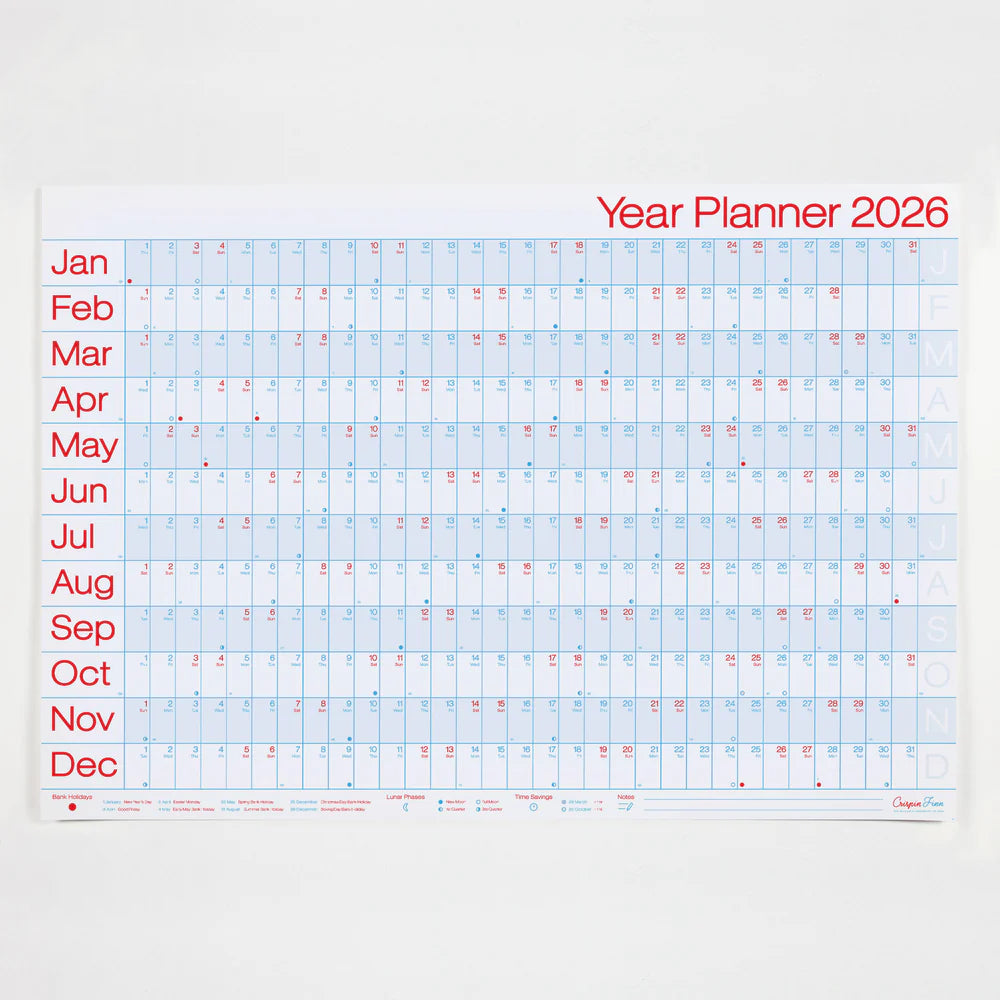 Crispin Finn's Yearly wall planner for 2026 with a light blue grid on a white background and red and blue text in a graphic style.
