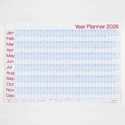 Crispin Finn's Yearly wall planner for 2026 with a light blue grid on a white background and red and blue text in a graphic style.