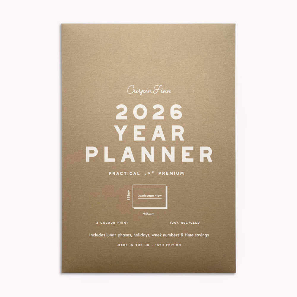 Brown planner envelope with '2026 Year Planner' text on a white background which holds Crispin Finn's Year Planner.