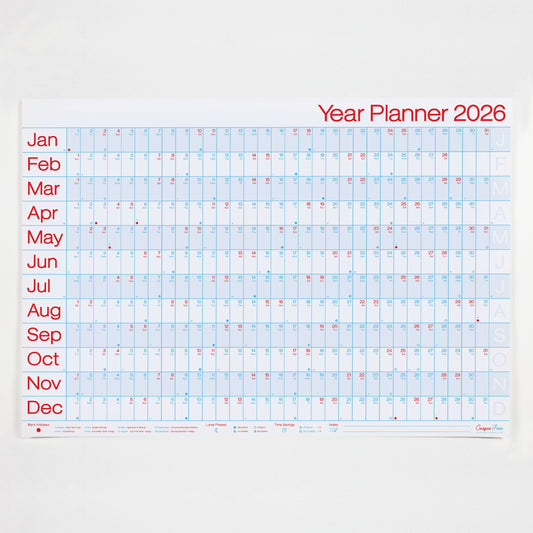Crispin Finn's Yearly wall planner for 2026 with a light blue grid on a white background and red and blue text in a graphic style.