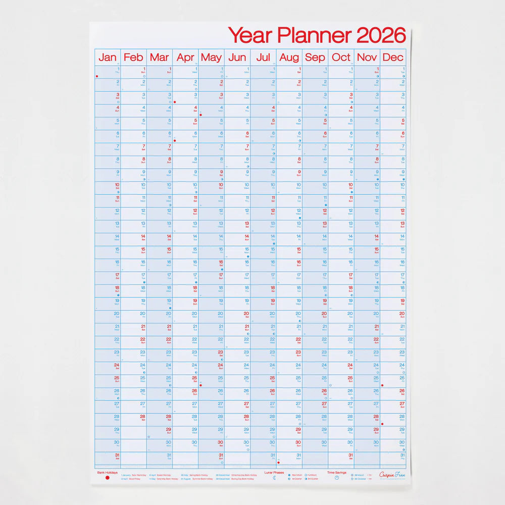 Crispin Finn Portrait Yearly planner for 2026 with a light blue background and red text on a white background, vertical orientation.