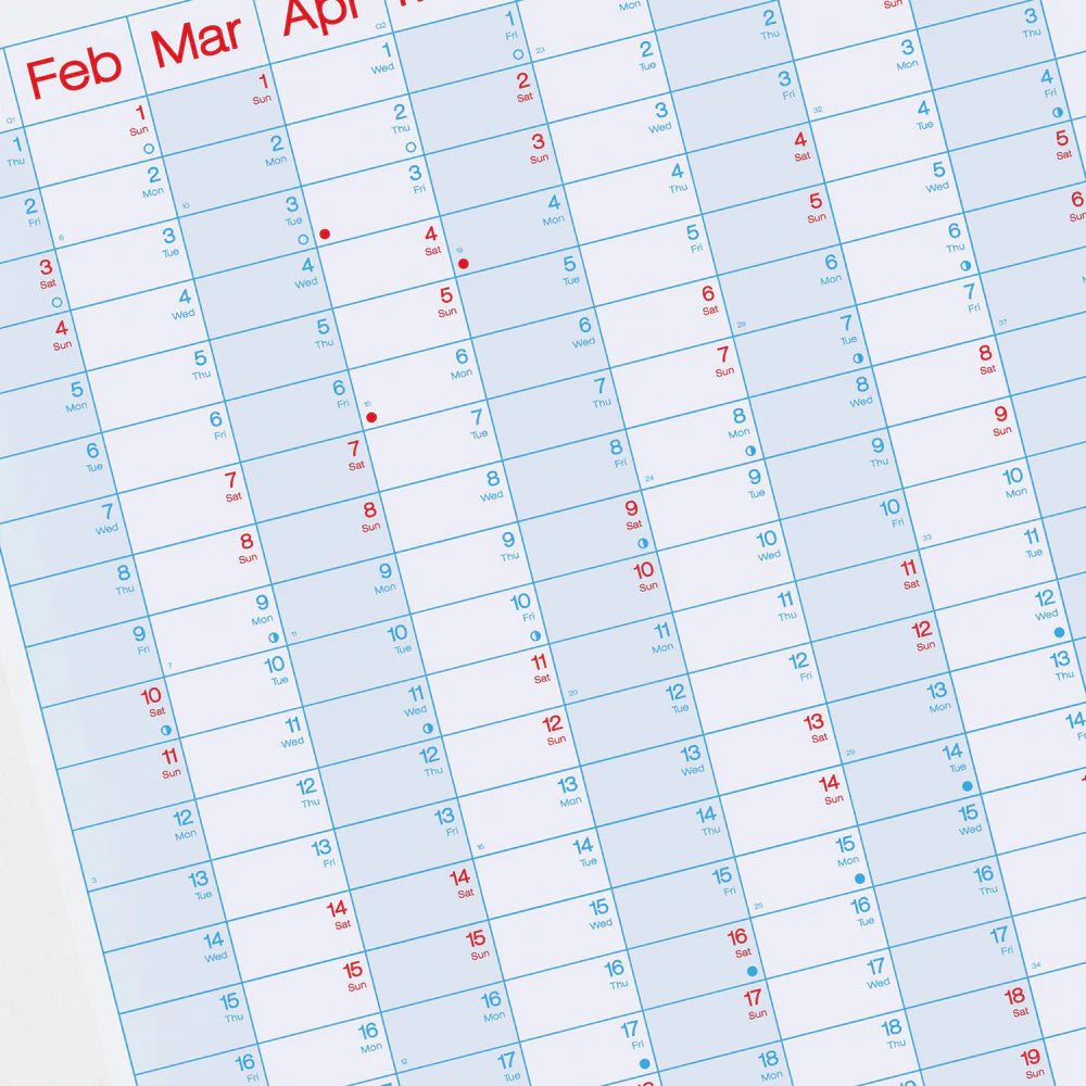 Calendar sheet from Crispin Finn's 2026 portrait Year Planner with red and white highlighted dates on a light blue background.