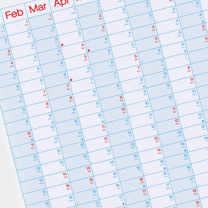 Calendar sheet from Crispin Finn's 2026 portrait Year Planner with red and white highlighted dates on a light blue background.