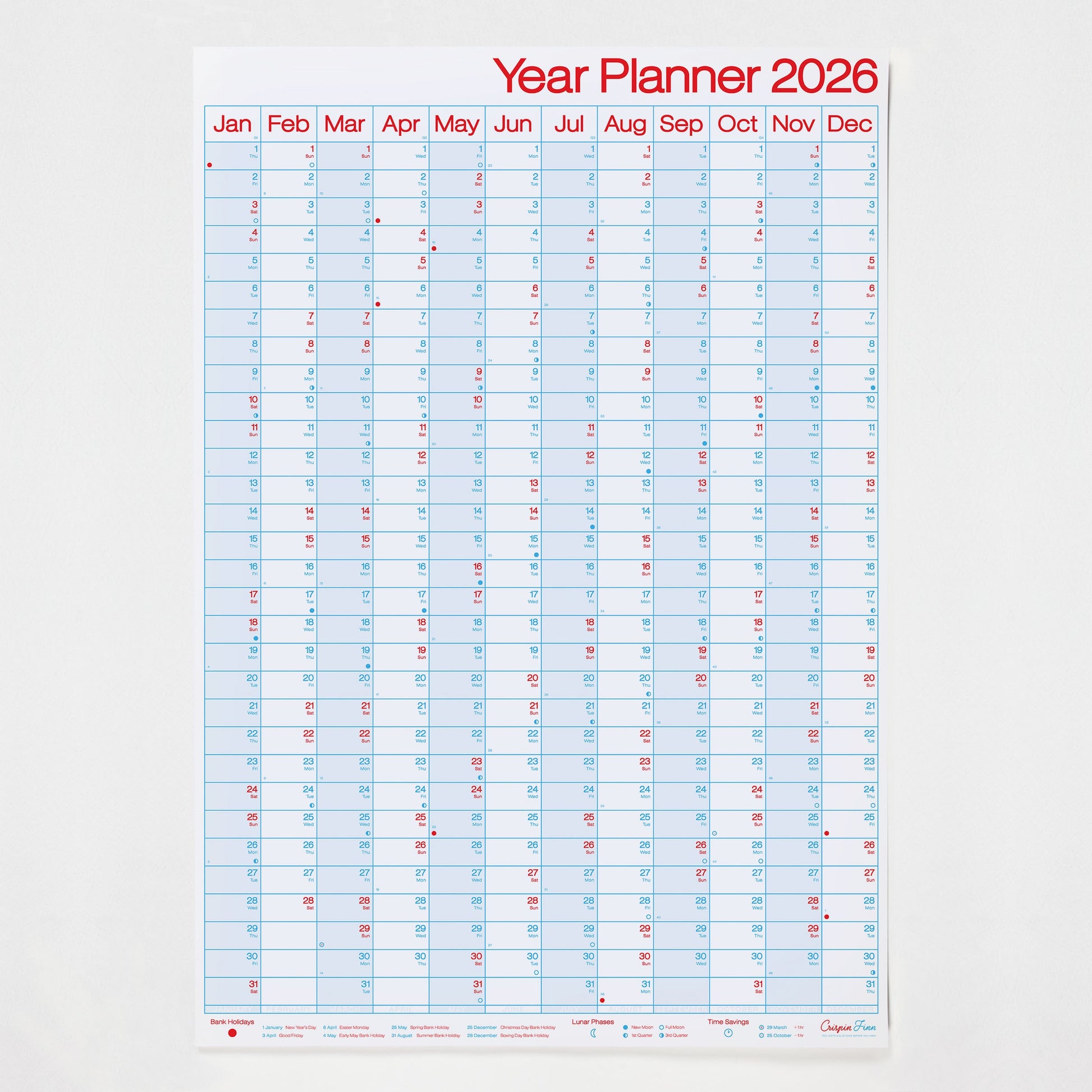 Crispin Finn Portrait Yearly planner for 2026 with a light blue background and red text on a white background, vertical orientation.
