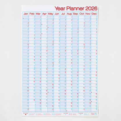 Crispin Finn Portrait Yearly planner for 2026 with a light blue background and red text on a white background, vertical orientation.