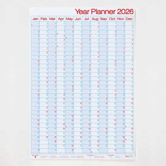 Crispin Finn Portrait Yearly planner for 2026 with a light blue background and red text on a white background, vertical orientation.