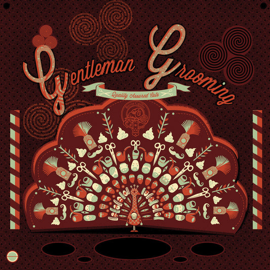 Something for the Weekend print by Graham Carter with text Gentleman Grooming on a peacock with a tail made of scissors. 