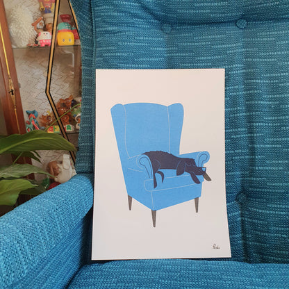 Dog nap Armchair risograph print by Peski Studio. 