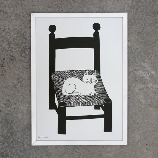 Cat Nap poster print in a3 by Lisa Jones Studio featuring a Cat on a kitchen chair.