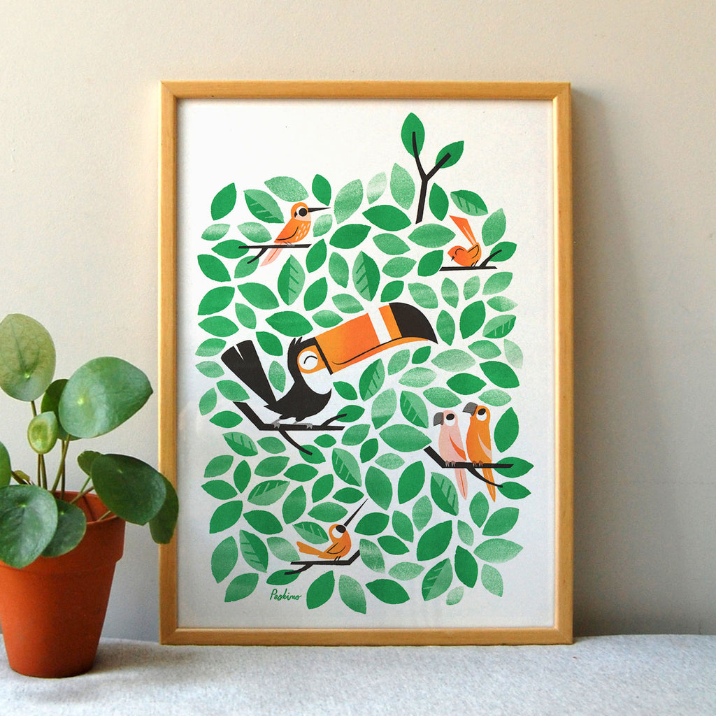 Toucan Tweets riso print by Peskimo